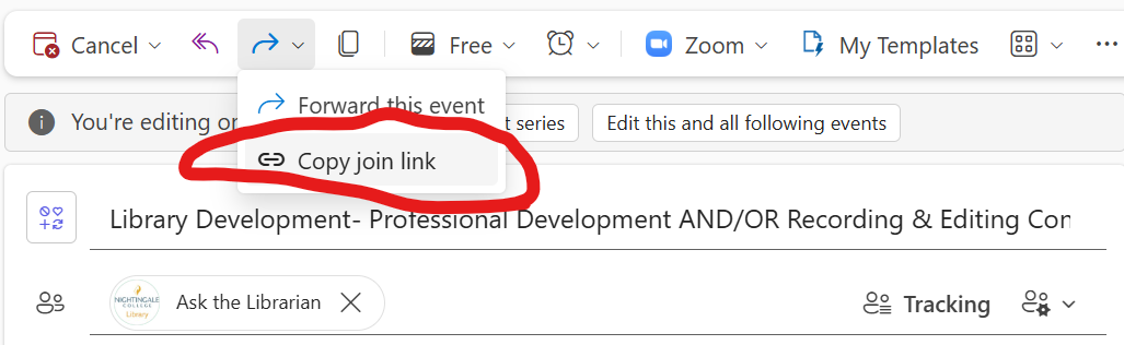 Image of how to share you outlook event link