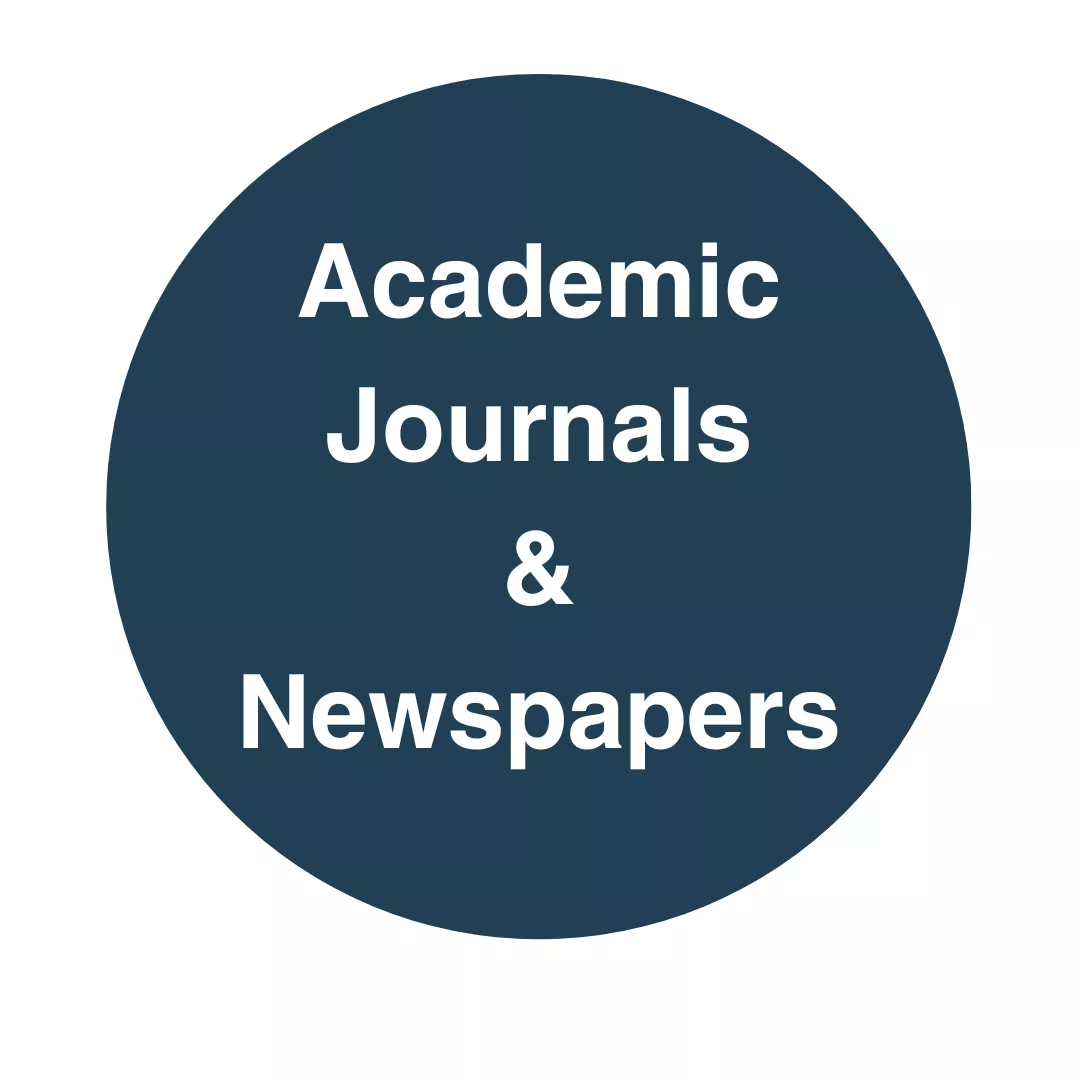 Blue bubble that says academic journals and newspapers